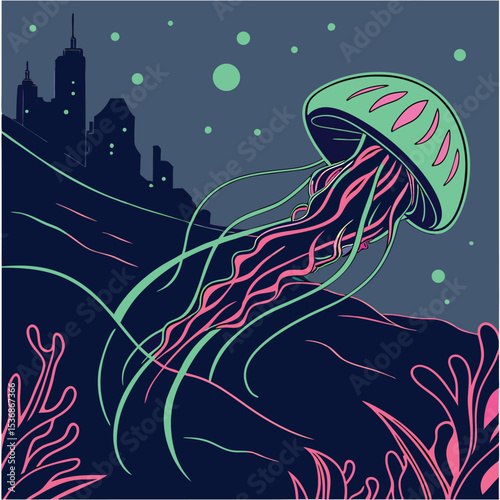 Urban Ocean Dreamscape Jellyfish Glow in City Skyline Illustration