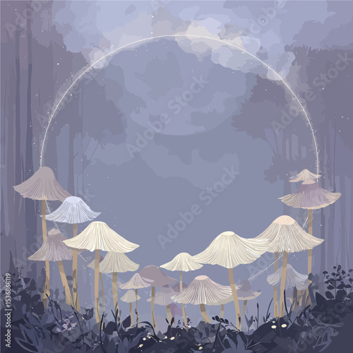  Ethereal mushroom fairy ring with golden circle frame in misty purple forest - dreamy fantasy illustration perfect for mystical branding and wellness design