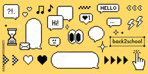 Y2k pixel retro dialogue box pack. 8bit communication elements, speech bubble, arrow, heart, music note, eye. Chat balloon for text message, back to school digital design, game interface, social media