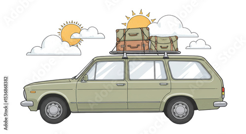 Isolated Station Wagon Packed with Luggage Ready for a Road Trip