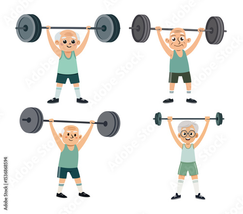  Senior Cartoon Characters Lifting Weights, Fitness and Exercise for Elderly, Weightlifting Illustrations