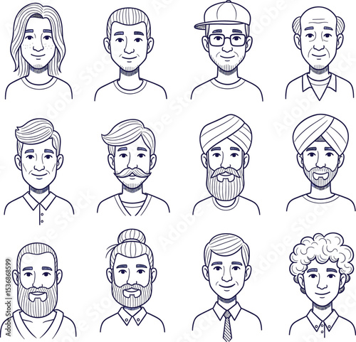 Diverse male avatars, various hairstyles and facial features, hand-drawn illustrations, flat design, ethnic diversity, beard, mustache, cap, turban