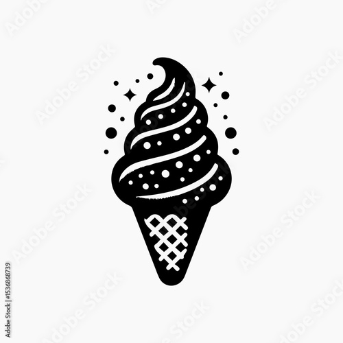Stylish black and white graphic design of a swirl ice cream cone.