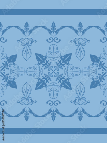 Exquisite Royalty of Blue Silk Scroll Line and Bold Ornament Seamless Border Pattern. Flawless Decoration Elegance Florals Blooming Victorian Rich Feminine Style for Rim Embroidery Apparel Bedding Rug
