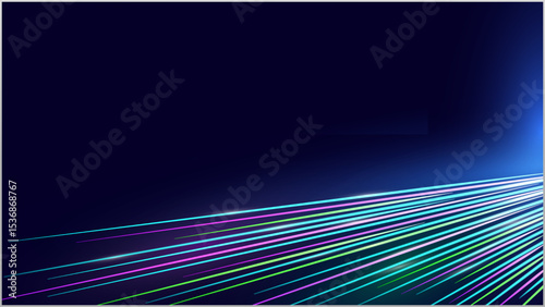 Abstract digital design featuring multicolored lines on a dark blue background.