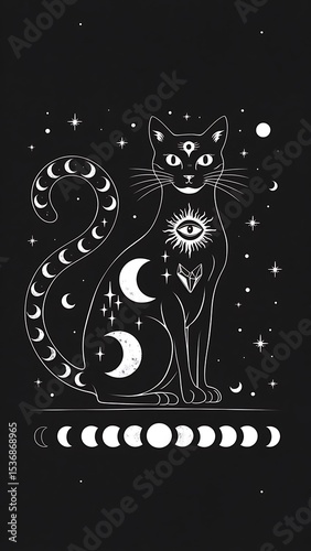 Mystical Moon Cat: Celestial Art Print, Dark Fantasy Aesthetic AI generated