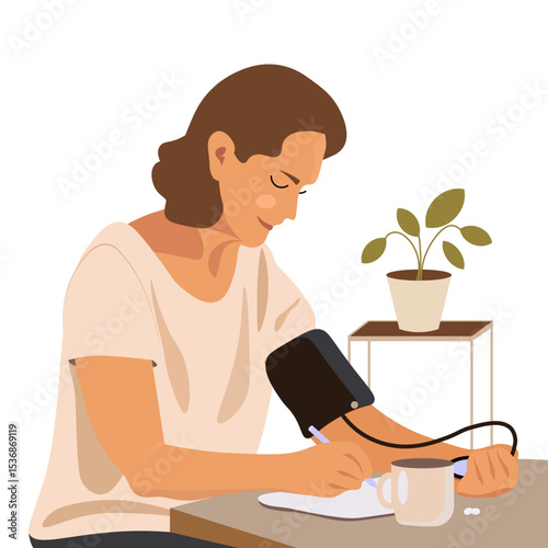 Woman checking blood pressure at home – calm atmosphere, daily health care, wellness routine in a cozy setting