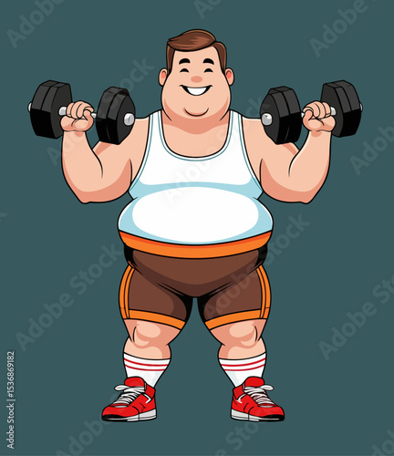 Motivated Plus-Size Man Lifting Dumbbells Cartoon Fitness Character