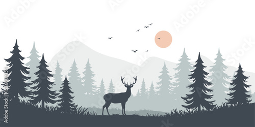 Tranquil forest landscape with antlered stag silhouette, grey tree layers, distant mountains, orange sun, and birds flying in sky, perfect for serene decor
