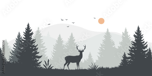 Forest landscape at dusk or dawn with antlered stag silhouette, layers of grey pine trees, birds in flight, and rising orange sun, ideal for calm wildlife prints
