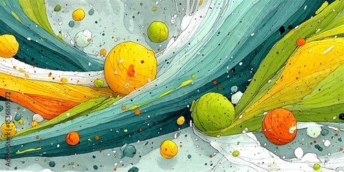 Abstract painting on textured paper featuring bright colorful circles and expressive black ink splashes. Modern artistic composition with dynamic contrasts and tactile surface