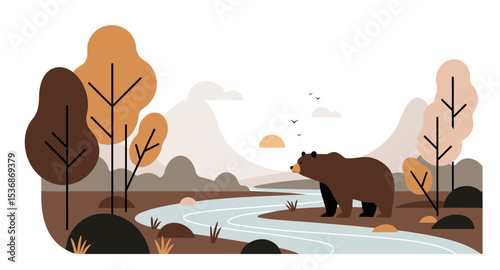 Stylized landscape with brown bear by river, autumn-colored trees, distant mountains, and rising or setting sun with birds, ideal for seasonal forest designs
