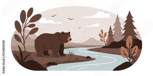 Autumn landscape illustration of brown bear beside river with colorful trees, distant hills, birds, and soft clouds, perfect for seasonal wildlife design themes
