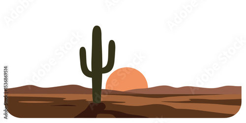 Vector art of a vibrant desert sunset behind a lone cactus, creating a peaceful and picturesque scene with glowing colors across the sky and sand

