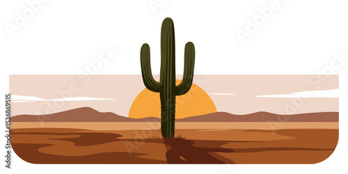 Vector illustration of a solitary cactus standing in a desert during sunset, with warm hues casting dramatic light across the serene arid landscape
