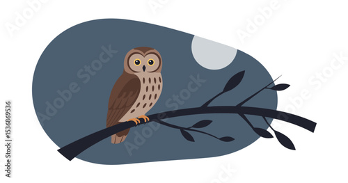 Vector illustration of an owl perched on a branch under a starry night sky, capturing the quiet mystery of nocturnal wildlife in nature-themed art
