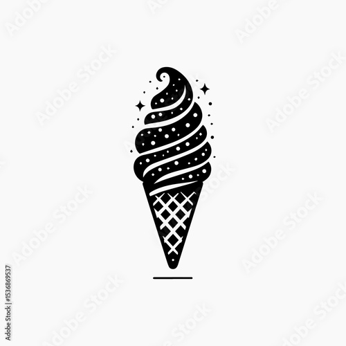 A stylized black and white image of an ice cream cone with a swirl of ice cream and stars.