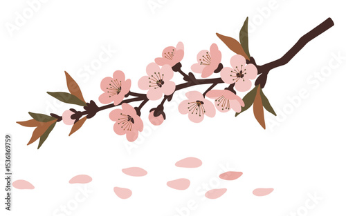 Colorful vector illustration of a tree branch adorned with vibrant pink flowers and green leaves in a clean flat cartoon design on a white background

