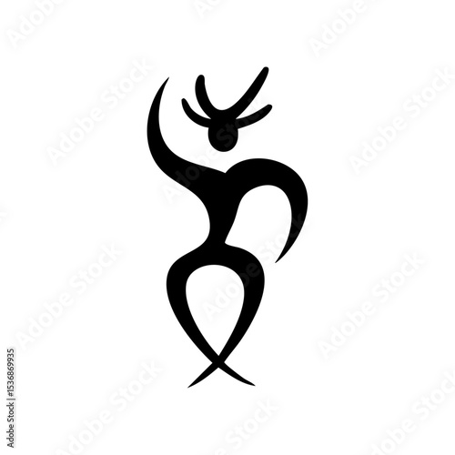 Vector icon of a dancing tribal spirit with flowing limbs and horns, minimalist black silhouette on white.

