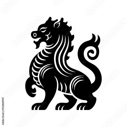 Vector logo of a Chinese Qilin with flowing mane and scales, mythical protector creature in bold silhouette.

