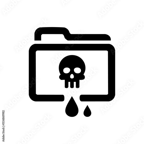 Minimalist data breach icon depicting a folder with a dripping skull to represent digital threats or cyber leaks.

