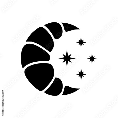 Unique minimalist icon of a croissant forming a crescent moon surrounded by stars, symbolizing cozy night snacking.

