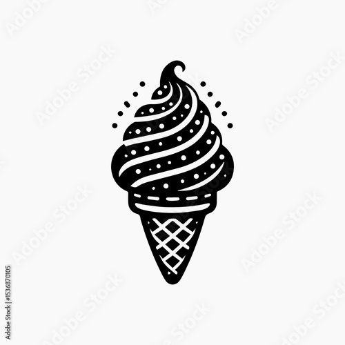 A stylized illustration of a swirled ice cream cone with a waffle pattern, presented in black and white.