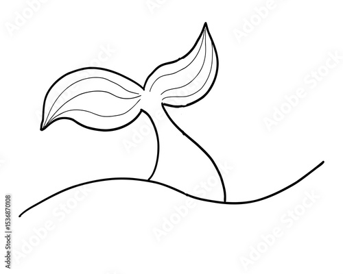 Whale Tale Icon ocean animal, mammal tail line sketch. Vintage simple silhouette with waves. Minimalistic simple tattoo drawing. 