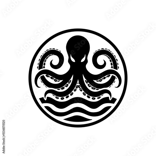 Black minimalist octopus with curled tentacles and sea waves below.

