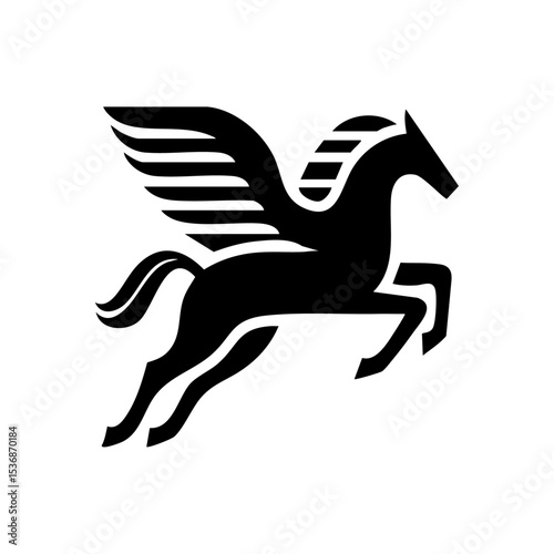 Minimalist vector silhouette of Pegasus, the mythical winged horse in mid-flight.

