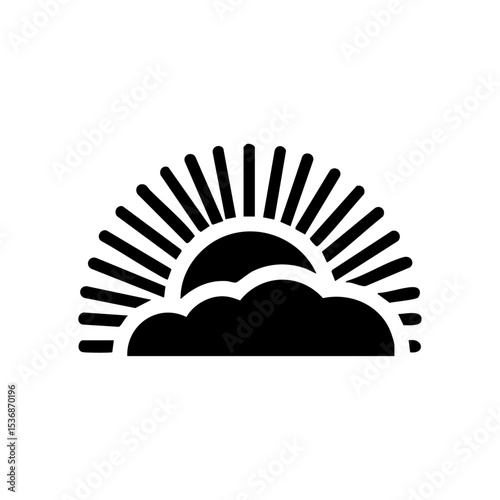Bold minimalist sunrise icon with radiant lines emerging from behind a cloud.

