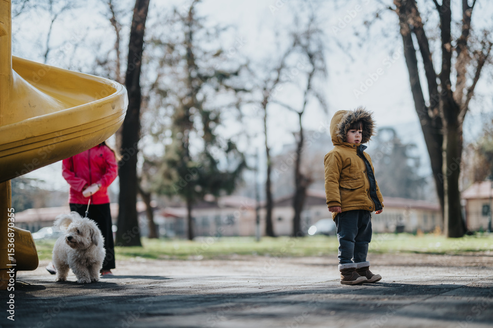 Obraz premium A child wearing a winter coat stands near a yellow slide in a park, with a dog and another individual nearby amidst the outdoor scenery.