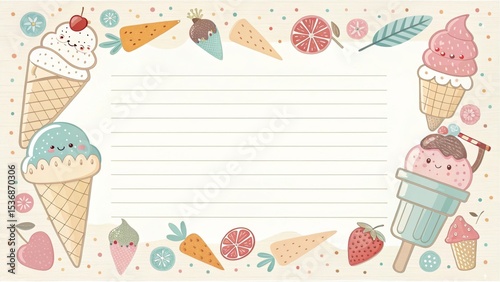 Ice cream cones and popsicle themed border, pastel cute design.