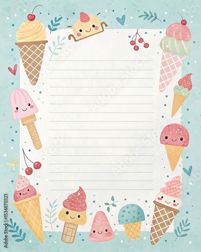 Ice cream cones and popsicle themed border, pastel cute design.