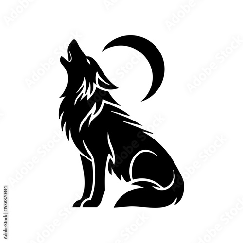 Vector logo of a werewolf howling at the crescent moon in black silhouette style. Strong visual for horror stories, gothic themes, or fantasy branding




