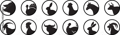 Farm Animals Vector Set Illustration Featuring Cow, Pig, Sheep, and Chicken in Flat Cartoon Style – Perfect for Educational Materials, Kids' Designs, Farm-Themed Decor, and Branding