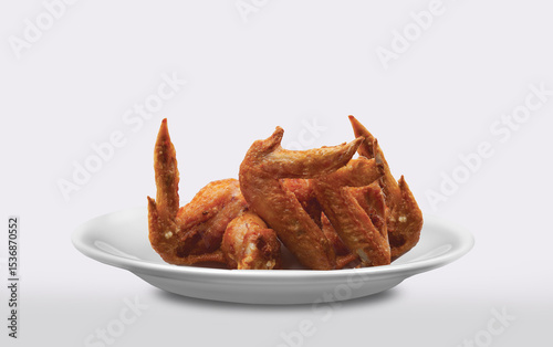 Several pieces of crispy fried chicken wings placed on a white plate.