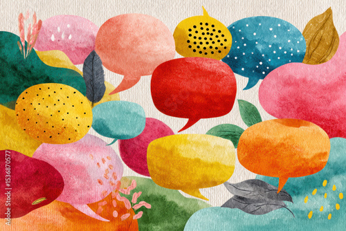 Colorful watercolor illustration of speech bubbles in various shapes and sizes with vibrant hues
