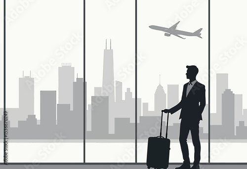 A silhouette of a professional businessman with luggage at an airport terminal, looking out at a city skyline with a plane taking off, symbolizing travel.
