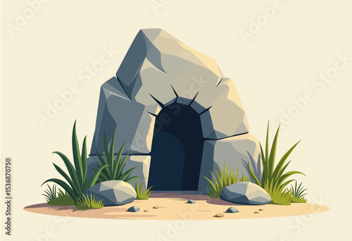 A cartoon illustration of a prehistoric stone age cave entrance, featuring a large rock formation with a dark, mysterious opening surrounded by grass and sand.
