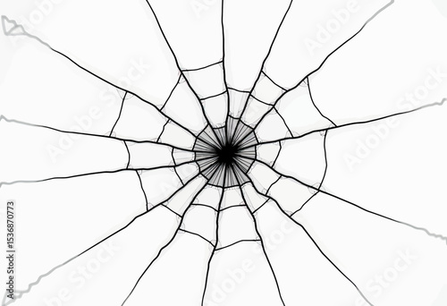 A high-contrast black and white abstract graphic of a spiderweb or shattered glass, radiating from a central point, symbolizing connection, fragility, or impact.

