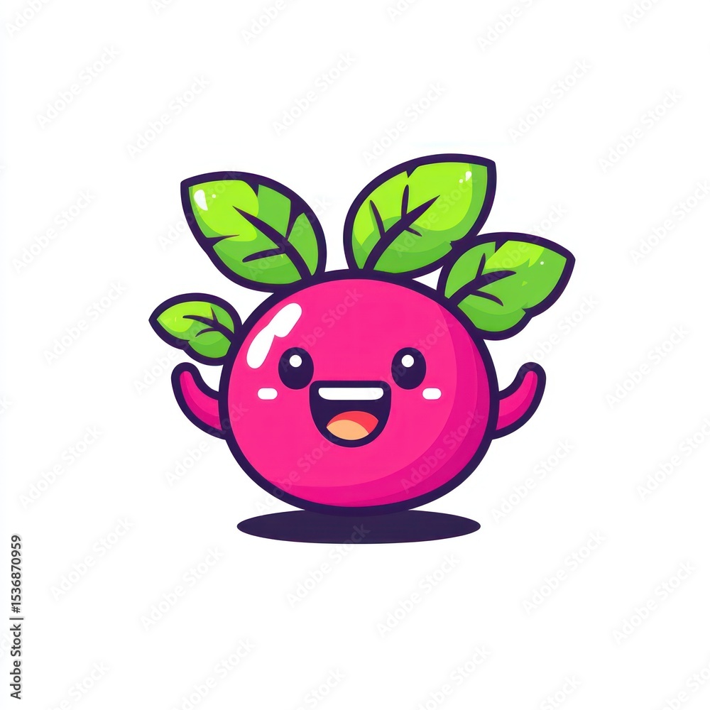 Obraz premium Cartoonish pink fruit with happy expression and leaves
