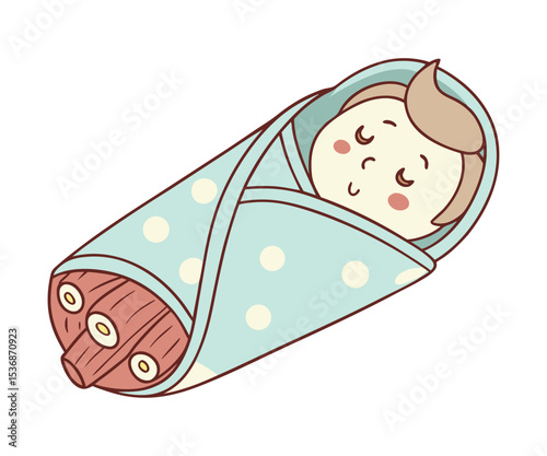 Cartoon Baby Swaddled in Polka Dot Blanket with Logs on White Background, Cute Newborn Character Illustration