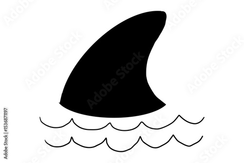 Shark fin sketch with water tattoo. Simple line silhouette dolphin or shark fin underwater. Vintage nautical retro textured shape.