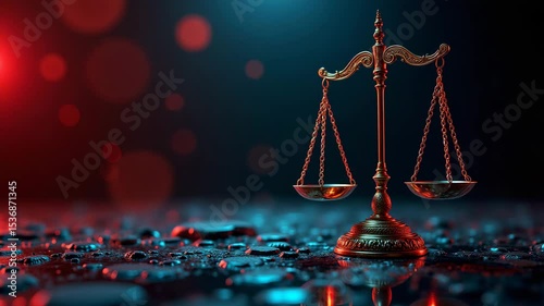 Scales of justice in dramatic lighting on reflective surface  