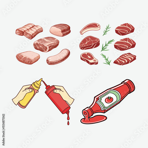 Assortment of meat cuts and condiment bottles isolated on white background.
