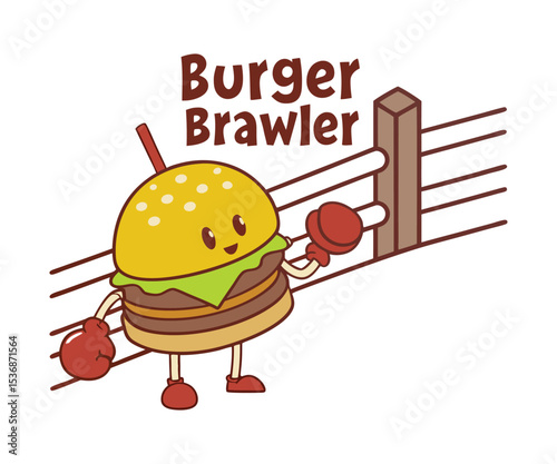 Cartoon Burger Brawler with Boxing Gloves Illustration on White Background for Food and Competition Related Designs