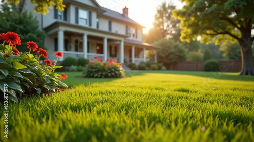 Charming house with a vibrant lawn and flowers during sunset  