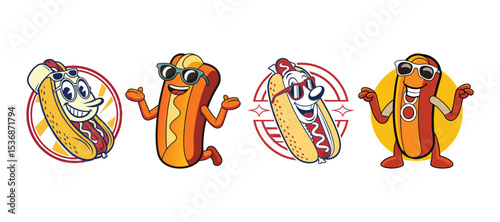 Cartoon Hot Dog Characters on White Background, Fun Food Illustration, Animated Fast Food, Playful Design, Graphic Art