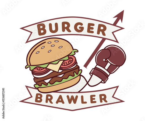 Cartoon Illustration of a Burger Brawler Logo with Boxing Glove and Banner on White Background for Food Industry